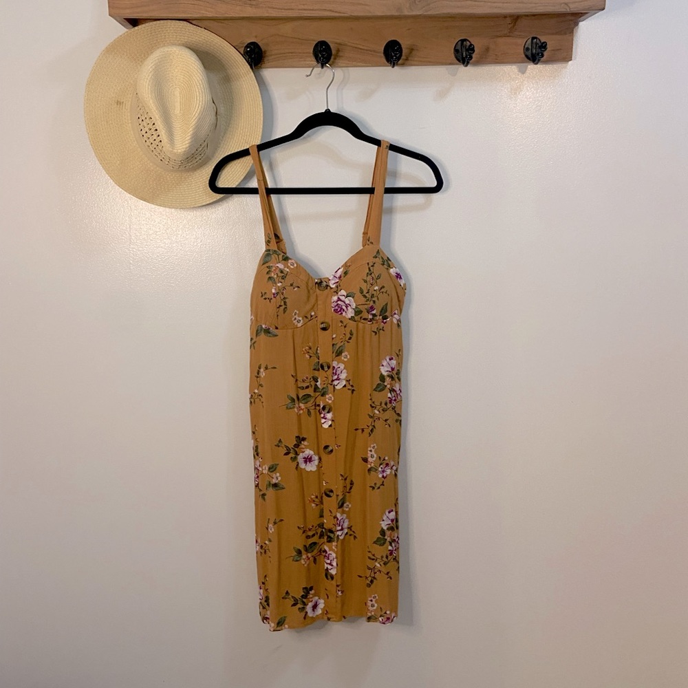 American Eagle Button Mustard Floral Dress Size Medium